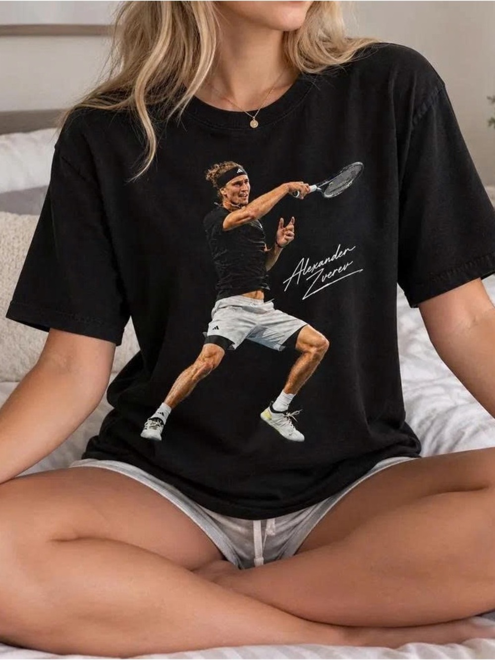 Black Short-Sleeve Graphic Tee with Tennis Player Illustration
